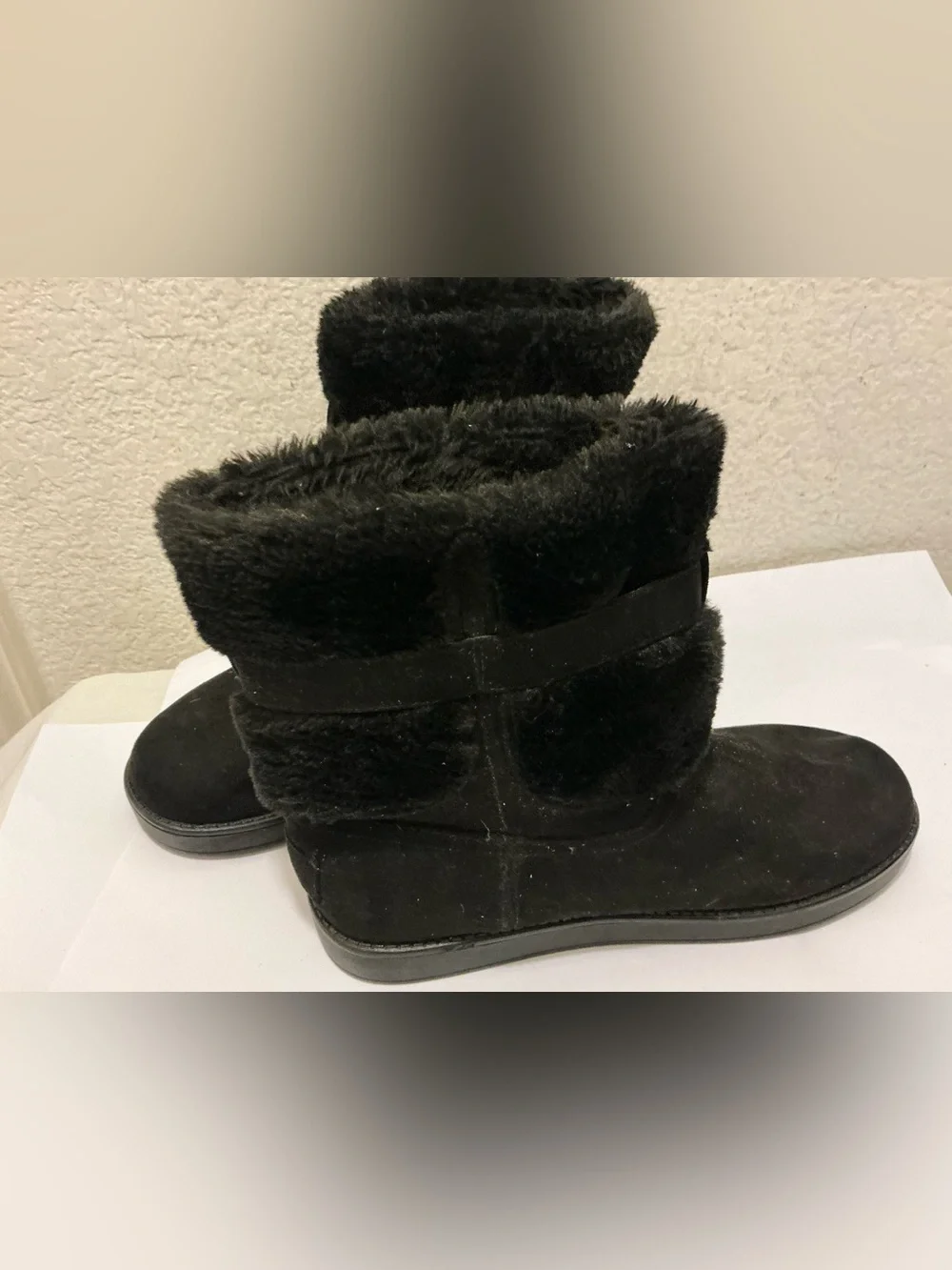 G by Guess Black Faux Fur Ankle Boots with Silver Accent